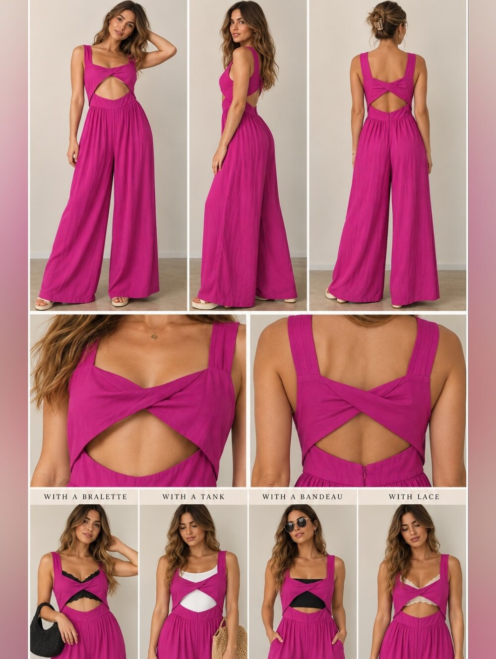 SHEIN Magenta Cutout Twist Front Wide Leg Jumpsuit XL